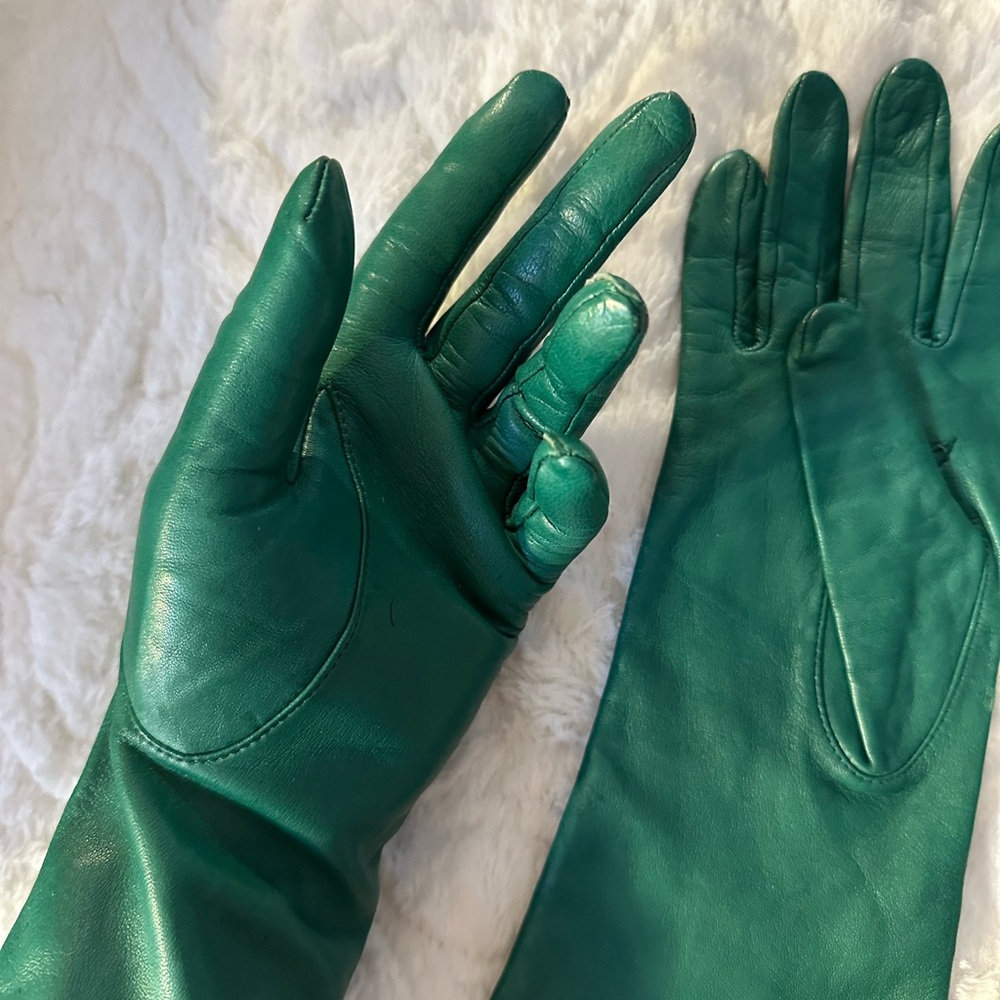 Vintage Aris Green Leather & Silk Gloves
